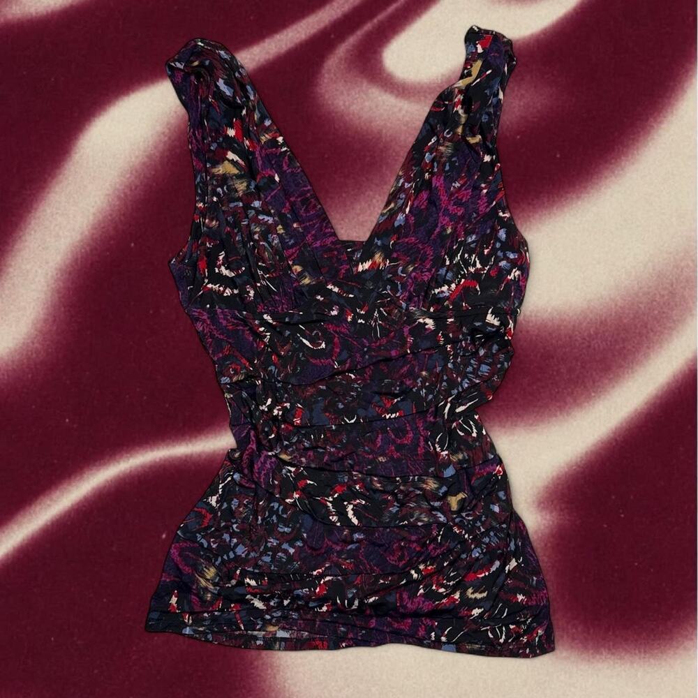 Abstract floral mesh ruched top
